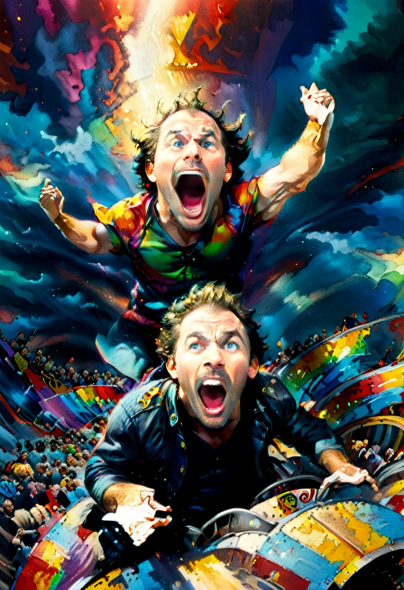 A realistic painting depicting a man riding a roller coaster, with an expression of horror on his face, screaming with his hands up, a long shot, bright colors and lighting, Thomas Kincaid