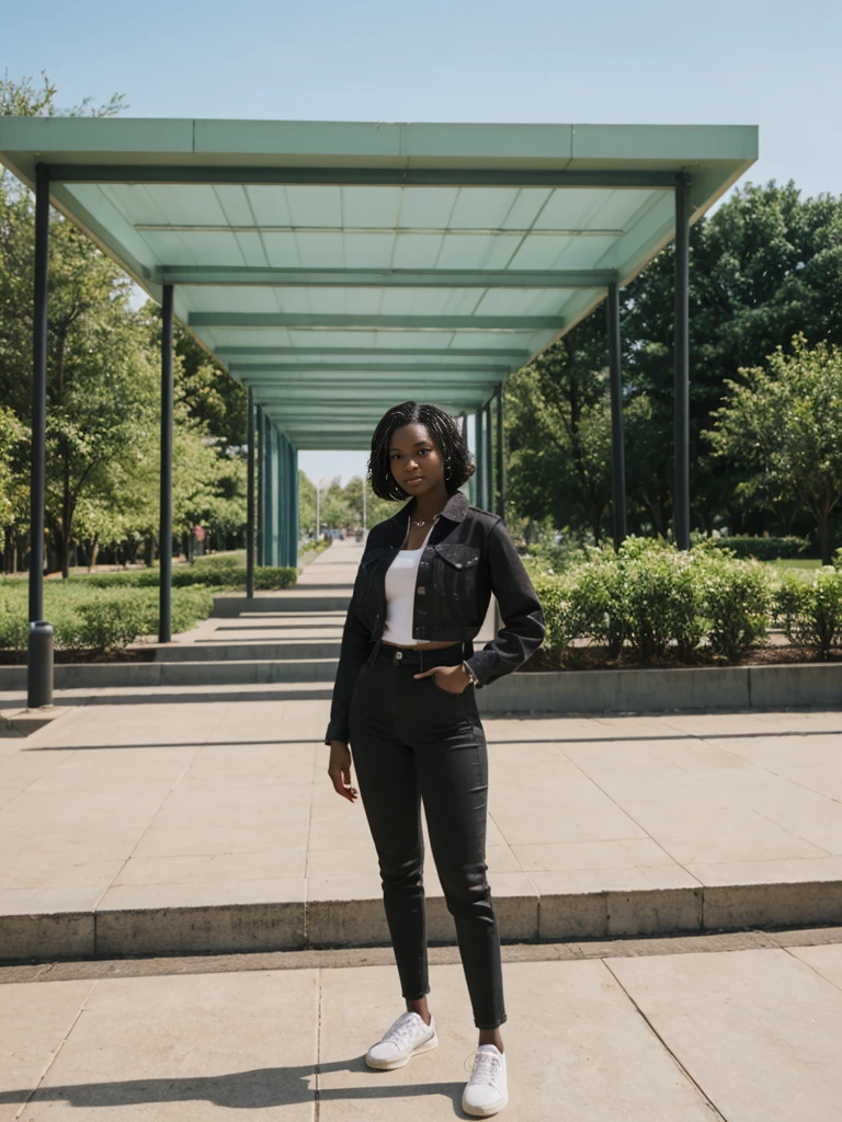 her name is Jamila, high quality, 1girl, ((20-year-old fit black woman)), ((25 years old)), ((slim)), short bob, pose: standing, wearing stylish fashionable Generation-Z modern wear different colored, BACKGROUND: outside: an outdoor museum
