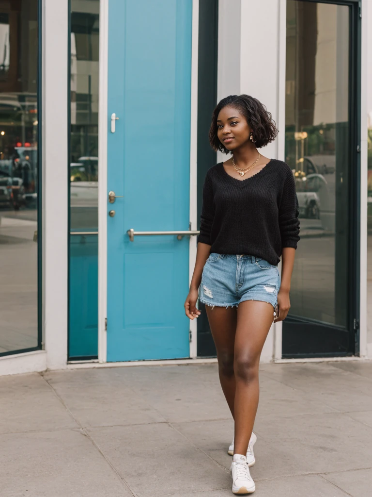 her name is Jamila, high quality, 1girl, ((20-year-old fit black woman)), ((25 years old)), ((slim)), short bob, pose: standing, wearing stylish fashionable Generation-Z modern wear different colored, BACKGROUND: outside: an outdoor museum