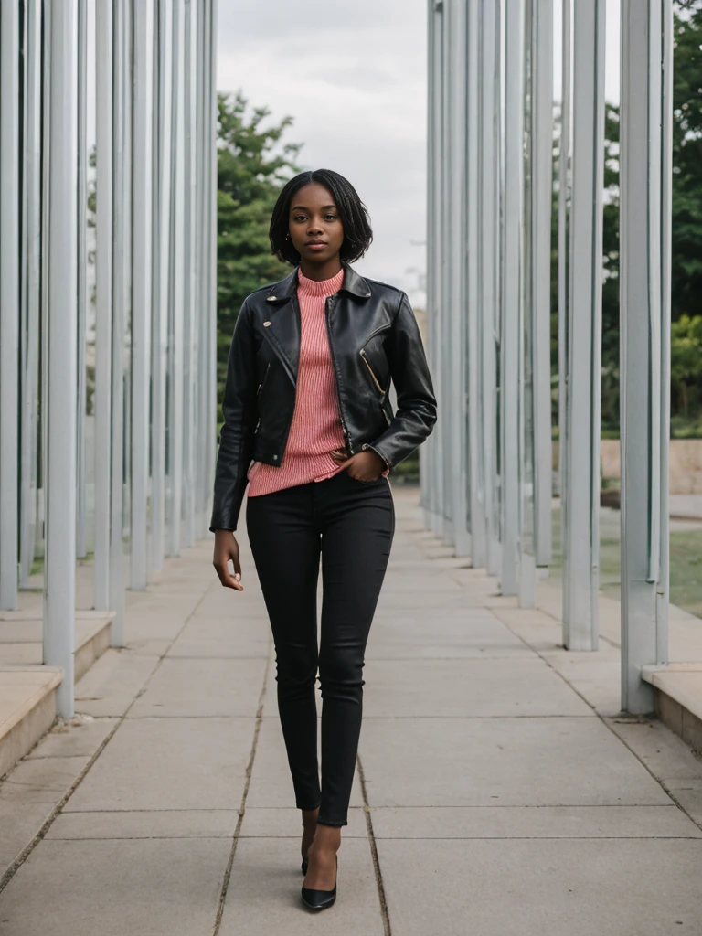 her name is Jamila, high quality, 1girl, ((20-year-old fit black woman)), ((25 years old)), ((slim)), short bob, pose: standing, wearing stylish fashionable Generation-Z modern wear different colored, BACKGROUND: outside: an outdoor museum