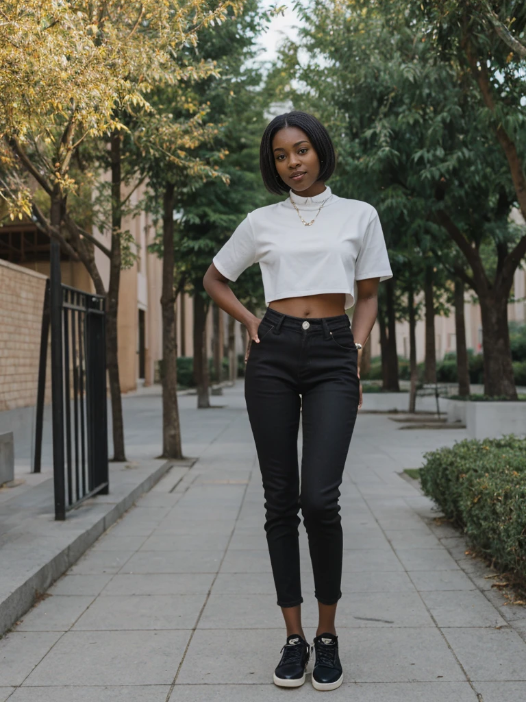 her name is Jamila, high quality, 1girl, ((20-year-old fit black woman)), ((25 years old)), ((slim)), short bob, pose: standing, wearing stylish fashionable Generation-Z modern wear different colored, BACKGROUND: outside: an outdoor museum