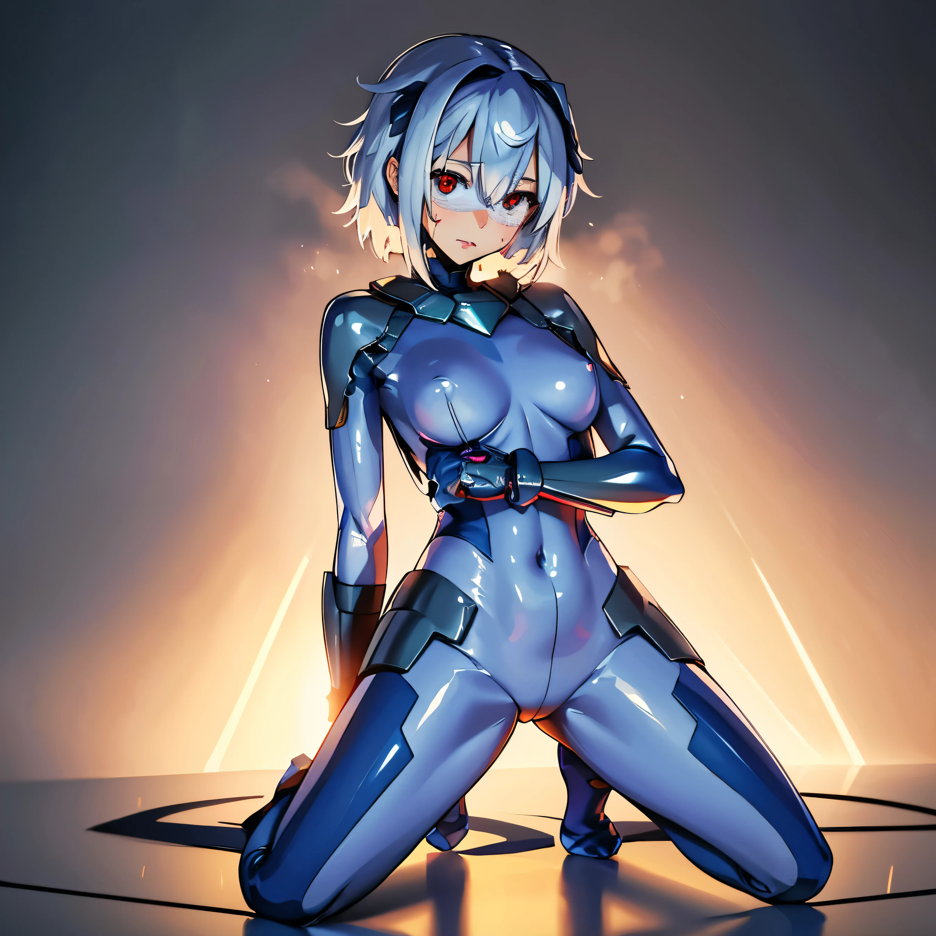 ultra-detailed, Explicit, Beautiful body, Beautiful Nose, Beautiful character design, perfect eyes, perfect face, ultra highres, 4K, beautiful legs, perfect legs, Nice hands, Perfect hand, Masterpiece, Best Quality, Highly detailed, illustration, absurdres, perfect anatomy, expressionless, blank eyes, emotionless,corruption, mind control, female combatant, full body, hypnotized, unhappy trance, full body suit, ribbed bodysuit, both arms at side, obey, perfect female body, looking at viewer, hypnosis, hypnoLora, empty eyes, Mind control device, poses, submissive_pose, Slave, Fighting Stance,numbersuit, two-tone bodysuit:0.9, blue bodysuit:0.9, light blue bodysuit:0.7, (((pixel-perfect, detail-perfect))) 1girl, solo, hair ornament, small breast, Shy, SHORT HAIR, WHITE HAIR, RED EYES, HAIR BETWEEN EYES,