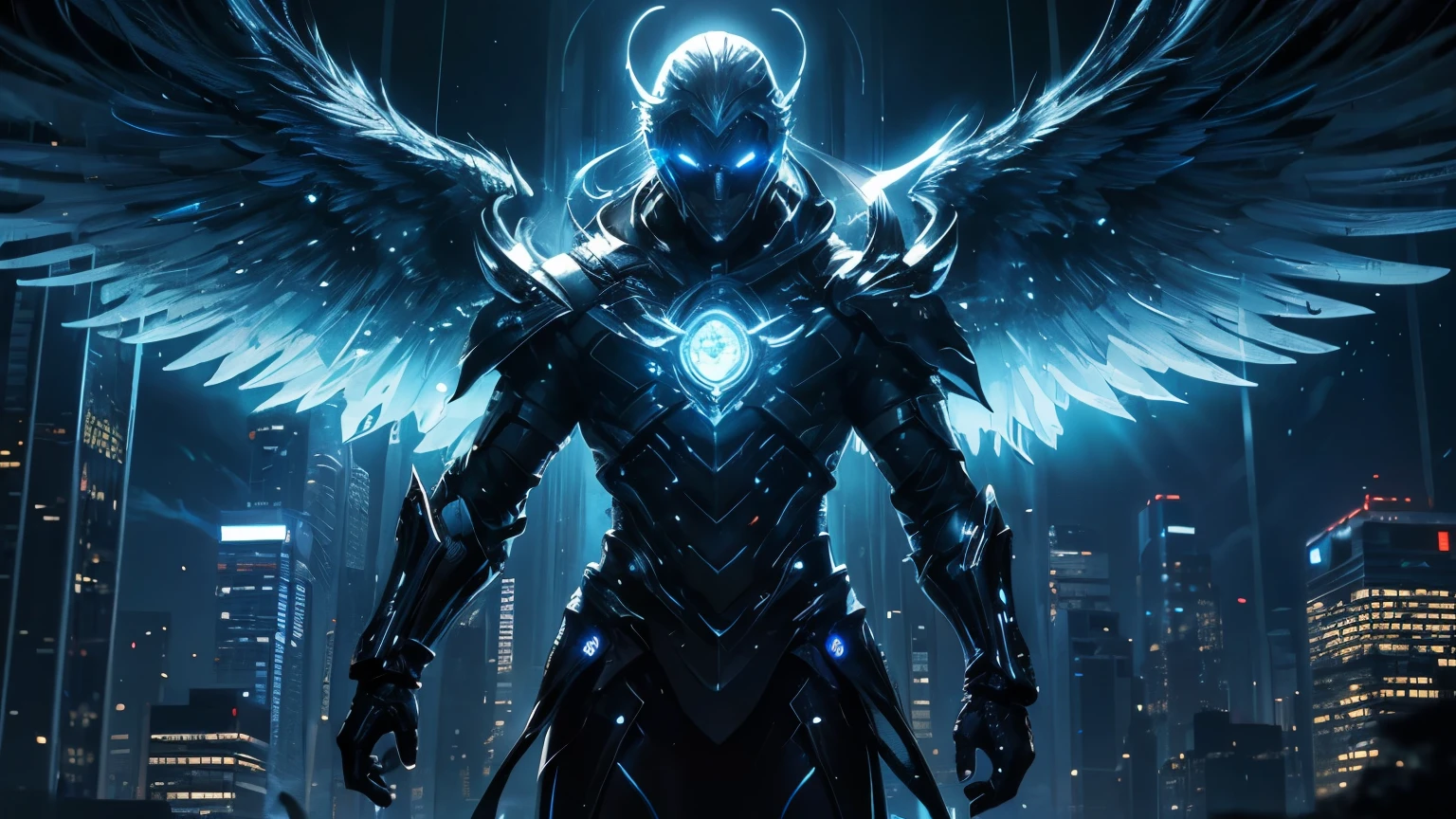 ((masterpiece, Highest quality, Best image quality, High resolution、４ｋ)) An angel in the center of the screen、Glowing white wings、Glowing halo、Cyberface。Wearing a flowing ethereal robe、god々Shining with a bright light。Glowing blue eyes and advanced cybernetic enhancements. Seen in dynamic action poses, reflection on a smooth surface. The cityscape below is filled with towering skyscrapers., illuminated by colorful holographic advertisements, Shining with blue energy, Mighty power. The overall atmosphere is dark and mysterious., It had a futuristic techno vibe.. The lighting is dramatic, Intense highlights and deep shadows, Creates depth and tension
