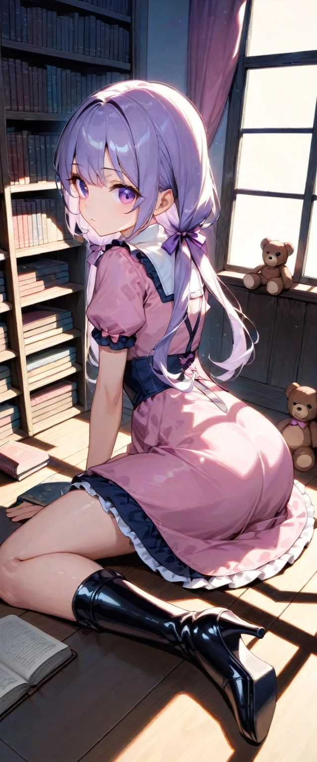 1girl, solo, dynamic angle, indoors, between legs, book, book stack, bookshelf, boots, dress, from behind, from side, hair ribbon, high heel boots, high heels, knees together feet apart, light purple hair, long hair, looking at viewer, looking back, looking to the side, low twintails, on floor, pink dress, pink ribbon, purple eyes, purple ribbon, ribbon, short sleeves, sidelocks, sitting, stuffed animal, stuffed rabbit, stuffed toy, sunlight, teddy bear, twintails, window, masterpiece, best quality