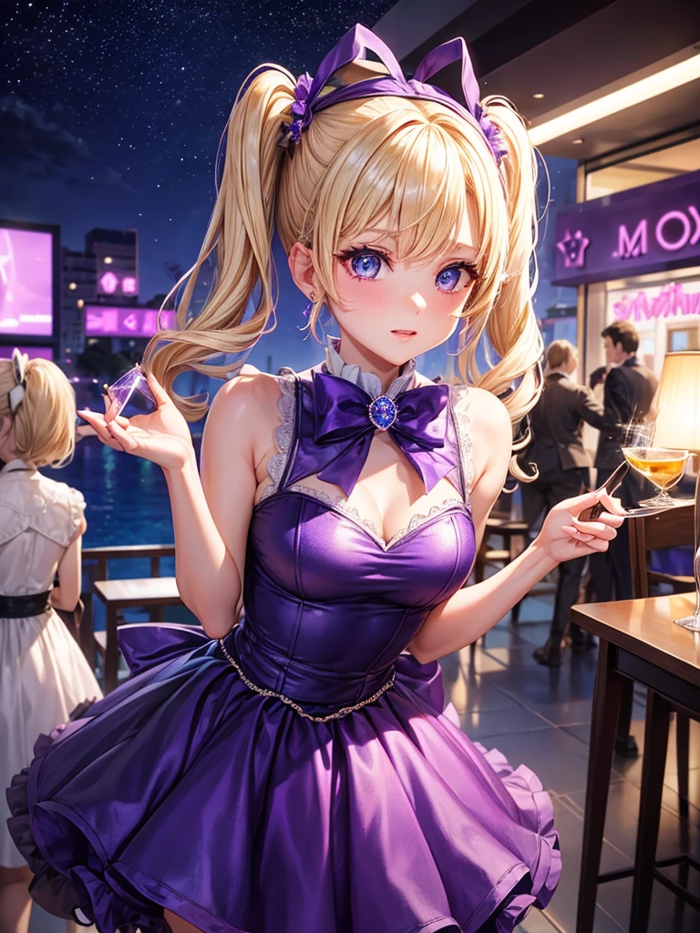 an adult woman, blonde with two pigtails with a purple bow each, purple dress with sparkles and diamonds, short and gala, with an opening in its pirrna, she has blue eyes, is at a late night dinner in a wealthy place