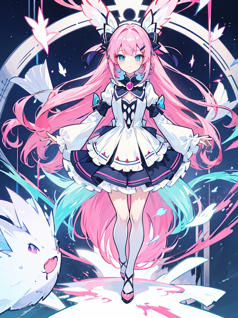 fantasy world girl with colorful hair, accessories, detailed clothes, black tights, white and red clothes, pink hair, blue eyes 💙🩵💜🩷🖤✨🦋🪻🪷
