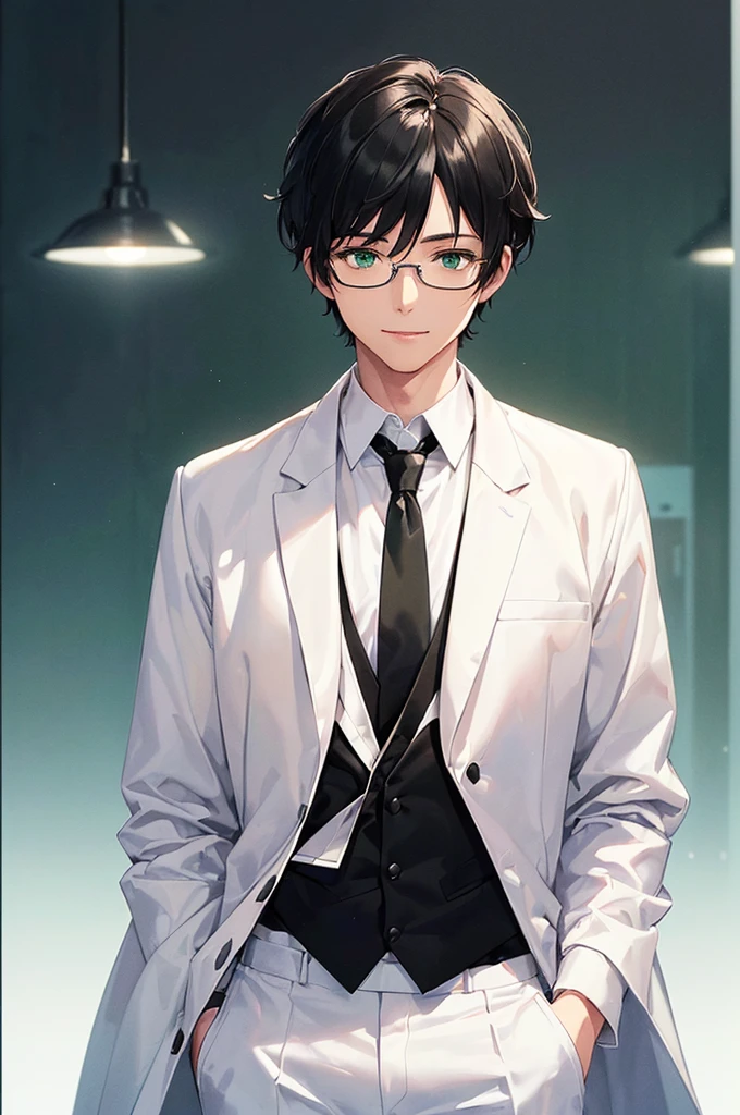 (masterpiece; best quality: 1.2), (finely detailed eyes: 1.3), ((25 year old man)), ((solo)), (green eyes: 1.4), (body; lean, lithe, masculine: 1.3), (very short black hair: 1.3), (beautiful and clear background: 1.2), ((depth of field)), (equipment: white open labcoat + black shirt + white necktie + white pants + black square glasses: 1.3), (anime illustration: 1.2), (background composition; japanese highschool classroom + furniture: 1.1), (extremely fine and handsome: 1.1), (shot composition; standing + centered on torso + close-up: 1.5), (expression; calm, smile: 1.2)