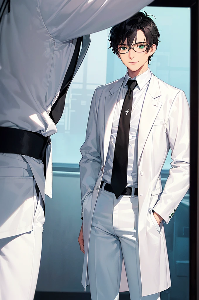 (masterpiece; best quality: 1.2), (finely detailed eyes: 1.3), ((25 year old man)), ((solo)), (green eyes: 1.4), (body; lean, lithe, masculine: 1.3), (very short black hair: 1.3), (beautiful and clear background: 1.2), ((depth of field)), (equipment: white open labcoat + black shirt + white necktie + white pants + black square glasses: 1.3), (anime illustration: 1.2), (background composition; japanese highschool classroom + furniture: 1.1), (extremely fine and handsome: 1.1), (shot composition; standing + centered on torso + close-up: 1.5), (expression; calm, smile: 1.2)