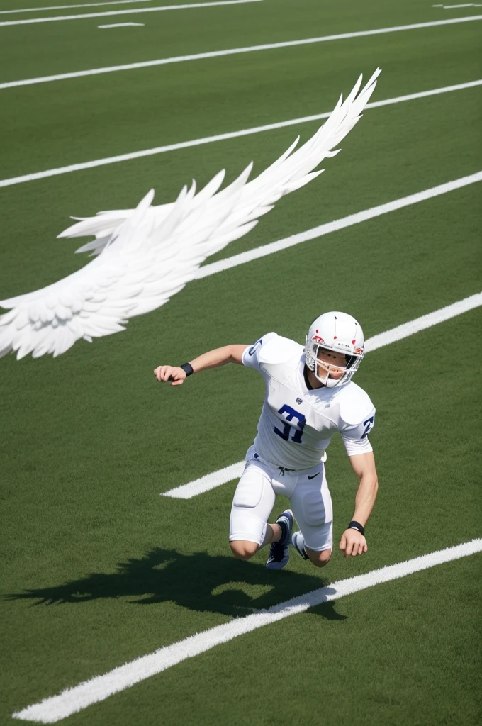 Male angel running in the middle of a football field to catch the ball.