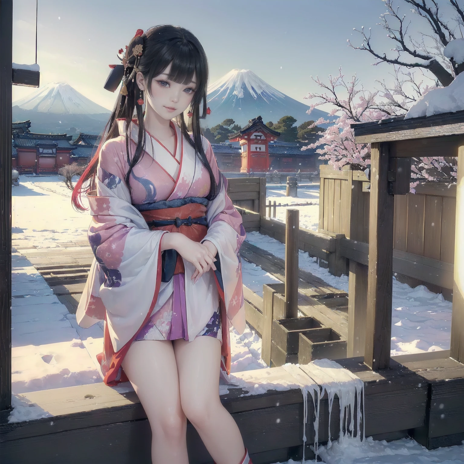 (The image shows only the upper part of the kimono above the obi
:1.7), 

((8K, RAW Photos, Highest quality, masterpiece), High-resolution RAW color photos、

Professional close-up photography, (Realistic, フォトrealism: 1.37), 

(Highest quality), (Best Shadow), (Best illustrations),

High-quality images、Skin Radiance、Texture of skin and clothing、

Expression of fine eyes、Shiny Hair,Long Hair Girl, Manga inspired by Lee Jong-suk, 

Trending on deviantart, realism, detailed manga style, Manga art style,

Perfect Line Drawing, Beautiful line art, digital manga art girl, K-POPアイドル, dress,

 Beautiful brown eyes, Fuller lips, Gorgeous face with attention to detail, 

(Cute Smile), attractive, Innocent, (Perfectly detailed face), 

(Detailed and carefully drawn hand) Photorealistic images, Written boundary depth, 

Japanese style princess cut hairstyle, 

best quality, masterpiece, New Year, 

((Kimono with strikingly beautiful colorful colors:1.7)), 

Three Japanese high-school cute girls, ((looking straight)), 

gently smiling, 

((upper arms hidden by clothes and hair)),

(innocent and pure high-school-girls:1.7)

((white short scarf)), ((white feather shawl)), 

(separately side by side:1.4), 

shrine background, (mount Fuji:1.3), ((snow))

winter(season), (outdoors:1.5)