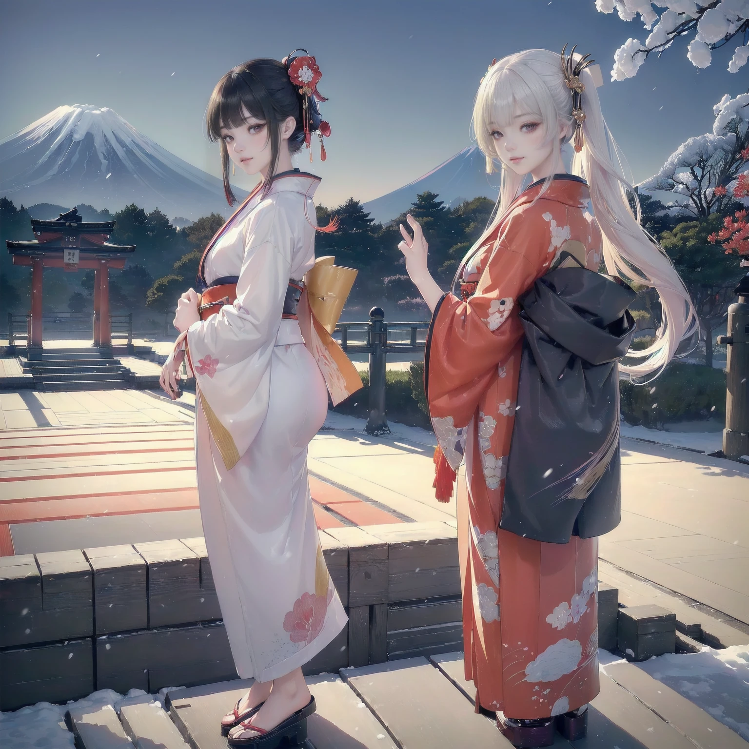(The image shows only the upper part of the kimono above the obi
:1.7), 

((8K, RAW Photos, Highest quality, masterpiece), High-resolution RAW color photos、

Professional close-up photography, (Realistic, フォトrealism: 1.37), 

(Highest quality), (Best Shadow), (Best illustrations),

High-quality images、Skin Radiance、Texture of skin and clothing、

Expression of fine eyes、Shiny Hair,Long Hair Girl, Manga inspired by Lee Jong-suk, 

Trending on deviantart, realism, detailed manga style, Manga art style,

Perfect Line Drawing, Beautiful line art, digital manga art girl, K-POPアイドル, dress,

 Beautiful brown eyes, Fuller lips, Gorgeous face with attention to detail, 

(Cute Smile), attractive, Innocent, (Perfectly detailed face), 

(Detailed and carefully drawn hand) Photorealistic images, Written boundary depth, 

Japanese style princess cut hairstyle, 

best quality, masterpiece, New Year, 

((Kimono with strikingly beautiful colorful colors:1.7)), 

Three Japanese high-school cute girls, ((looking straight)), 

gently smiling, 

((upper arms hidden by clothes and hair)),

(innocent and pure high-school-girls:1.7)

((white short scarf)), ((white feather shawl)), 

(separately side by side:1.4), 

shrine background, (mount Fuji:1.3), ((snow))

winter(season), (outdoors:1.5)