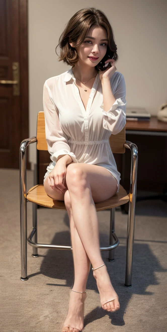 (Best Quality, 8k, 32k, Masterpiece, UHD: 1.2), Cute Japan Woman Picture, Short Hair, On Sofa, M-Shaped Open Legs, White Open Shirt, Simple Background, High Heels, Barefoot, Barefoot, Bare Feet, Camel Toes, Beautiful Legs, Glossy Skin