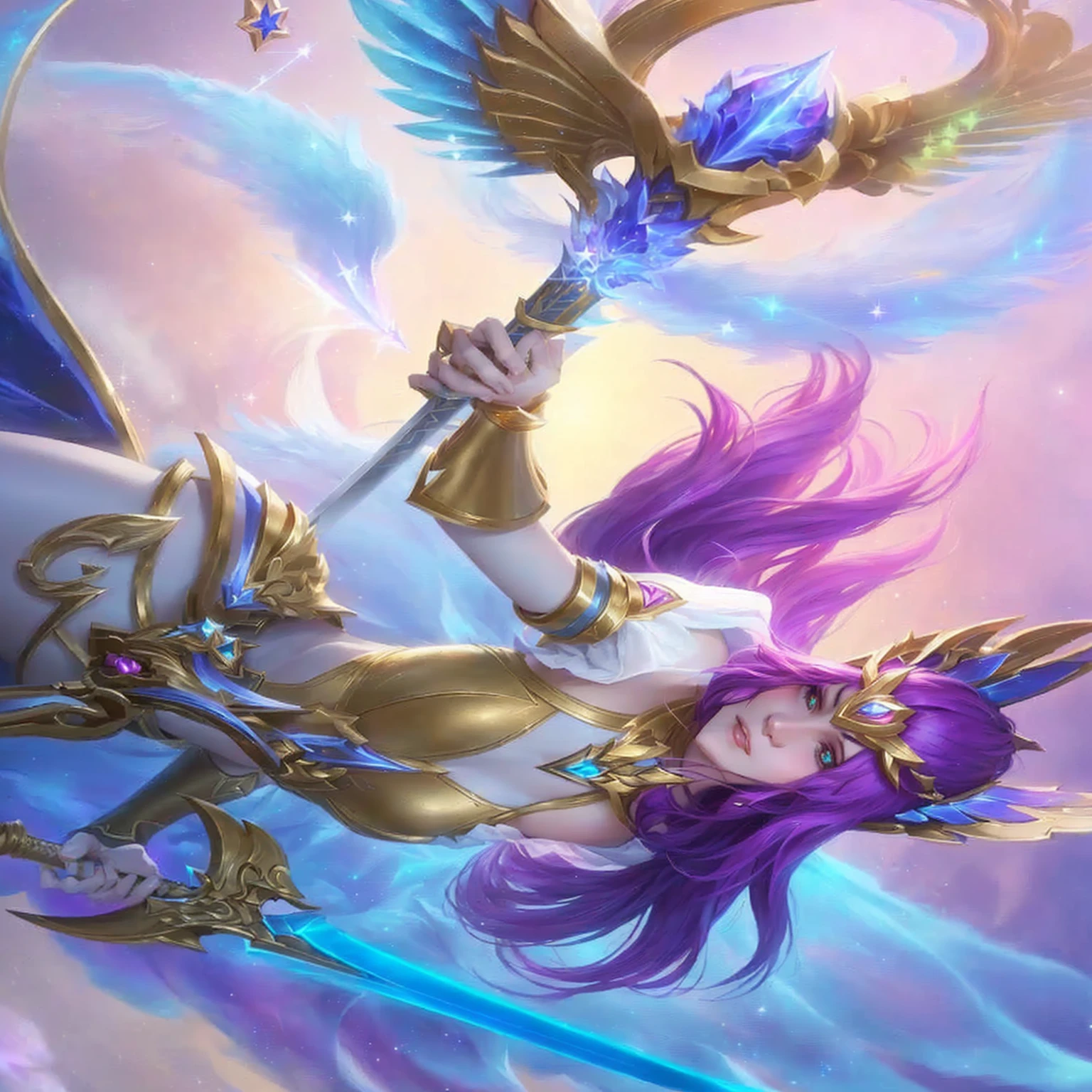 a man in a gold outfit holding a sword and flying through the air, star guardian inspired, beautiful celestial mage, star guardians, seraphine ahri kda, portrait knights of zodiac girl, knights of zodiac girl, Odette from mobile legends, Odette virgo zodiac skin, official splash art, mystical constellation, extremely detailed artgerm, irelia