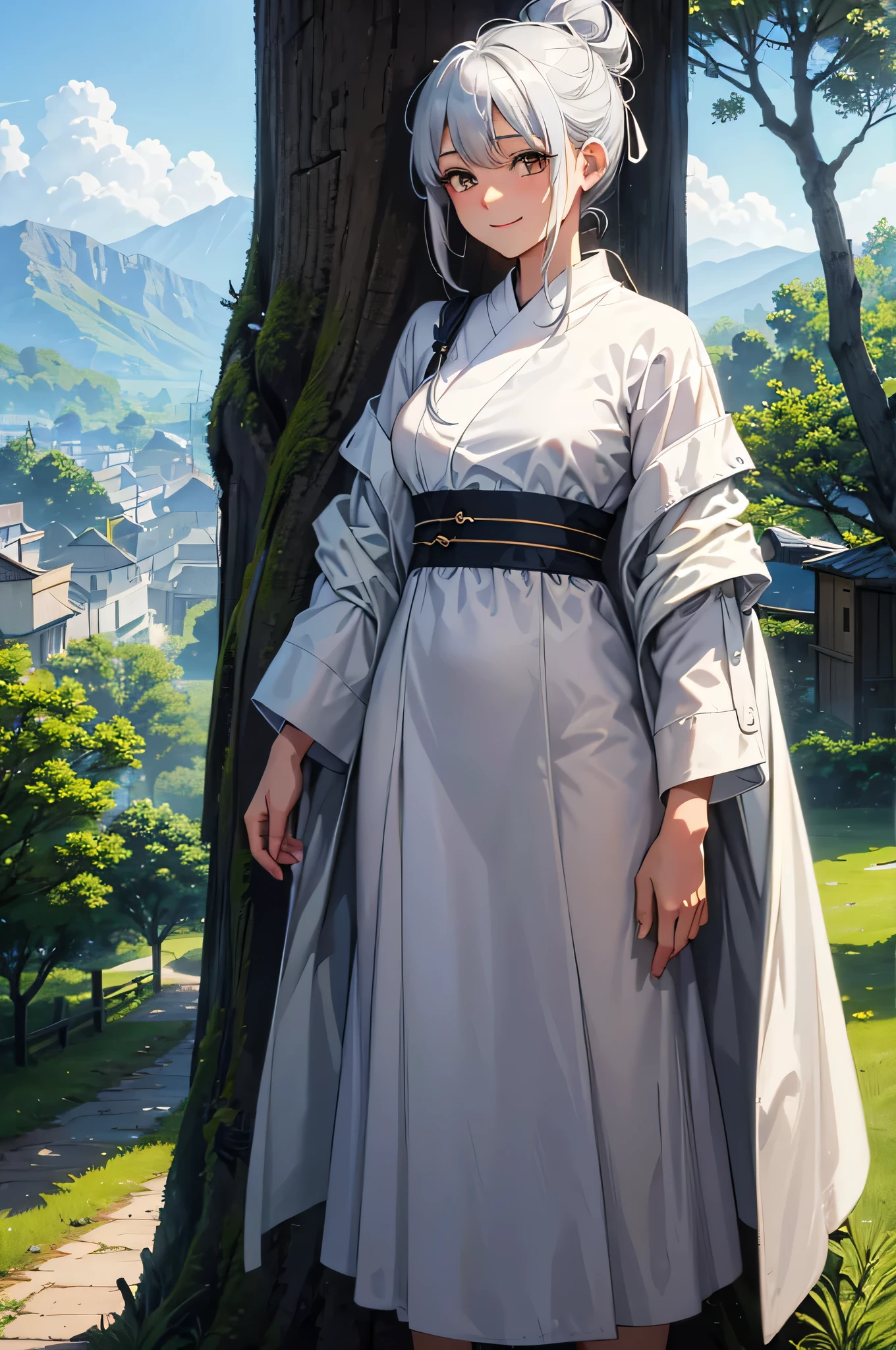 An image of Hana, with silver hair tied in a bun and wearing a simple but elegant robe, standing and smiling, revealing the true owner who valued the tree’s life, with the tree and village in the background. (masterpiece, hd, best quality, 2d)