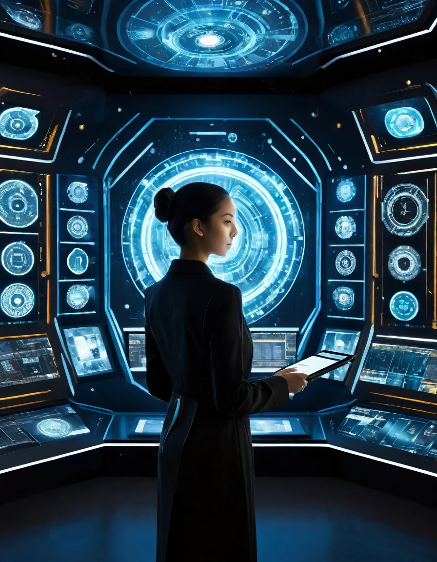 Generate a hyperrealistic and detailed 8K scene of a futuristic AI command center. The central hub should feature a sophisticated interface akin to the Leonardo.AI platform, with elements such as:

Main Interface Wall:

A large display wall resembling the Leonardo.AI homepage, showcasing intricate details of various AI tools and models.
Icons representing AI Canvas, LiveCanvas, Texture Generation, and API Access should be visually striking and integrated seamlessly.
User Workstations:

Diverse workstations with individuals engaged in AI-related tasks, such as image generation and model fine-tuning.
Screens at each workstation should display vivid images and graphics, demonstrating the versatility of the Stable Diffusion model.
Finetuned Models Showcase:

A dedicated area showcasing images generated by finetuned models, emphasizing the diversity and quality of outputs.
Include glimpses of images created with models like Alchemy V2, Leonardo Vision XL, and AlbedoBase XL.
AI Innovation Wall:

A dynamic wall displaying trending, new, and top AI-generated images, with attention to detail in rendering photorealistic and hyperrealistic elements.
Interactive Tools:

Incorporate interactive tools similar to those on the Leonardo.AI platform, such as AI Canvas and LiveCanvas, with users actively manipulating and creating images.
Training & Datasets Area:

A section highlighting the importance of training and datasets, with images of datasets and visual representations of the training process.
Community Feed:

An engaging representation of the community feed, showcasing user interactions, trending prompts, and featured creations.
Technological Elements:

Integrate futuristic and technological elements, such as holographic displays, augmented reality interfaces, and AI-powered robotic assistants.
Luminous Ambiance:

Implement a sophisticated lighting system with ambient illumination that enhances the photorealistic and hyperrealistic qualities of the scene.
AI Art Gallery:

Des