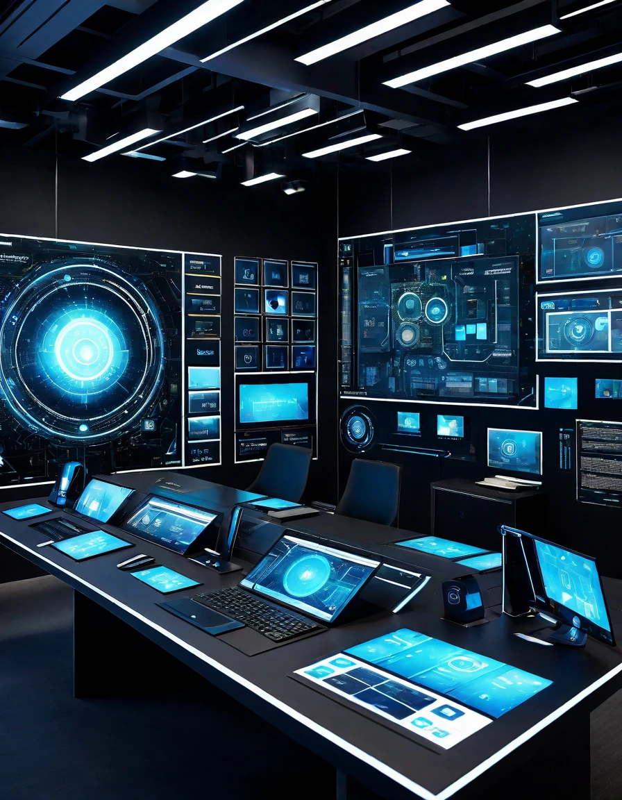 Generate a hyperrealistic and detailed 8K scene of a futuristic AI command center. The central hub should feature a sophisticated interface akin to the Leonardo.AI platform, with elements such as:

Main Interface Wall:

A large display wall resembling the Leonardo.AI homepage, showcasing intricate details of various AI tools and models.
Icons representing AI Canvas, LiveCanvas, Texture Generation, and API Access should be visually striking and integrated seamlessly.
User Workstations:

Diverse workstations with individuals engaged in AI-related tasks, such as image generation and model fine-tuning.
Screens at each workstation should display vivid images and graphics, demonstrating the versatility of the Stable Diffusion model.
Finetuned Models Showcase:

A dedicated area showcasing images generated by finetuned models, emphasizing the diversity and quality of outputs.
Include glimpses of images created with models like Alchemy V2, Leonardo Vision XL, and AlbedoBase XL.
AI Innovation Wall:

A dynamic wall displaying trending, new, and top AI-generated images, with attention to detail in rendering photorealistic and hyperrealistic elements.
Interactive Tools:

Incorporate interactive tools similar to those on the Leonardo.AI platform, such as AI Canvas and LiveCanvas, with users actively manipulating and creating images.
Training & Datasets Area:

A section highlighting the importance of training and datasets, with images of datasets and visual representations of the training process.
Community Feed:

An engaging representation of the community feed, showcasing user interactions, trending prompts, and featured creations.
Technological Elements:

Integrate futuristic and technological elements, such as holographic displays, augmented reality interfaces, and AI-powered robotic assistants.
Luminous Ambiance:

Implement a sophisticated lighting system with ambient illumination that enhances the photorealistic and hyperrealistic qualities of the scene.
AI Art Gallery:

Des