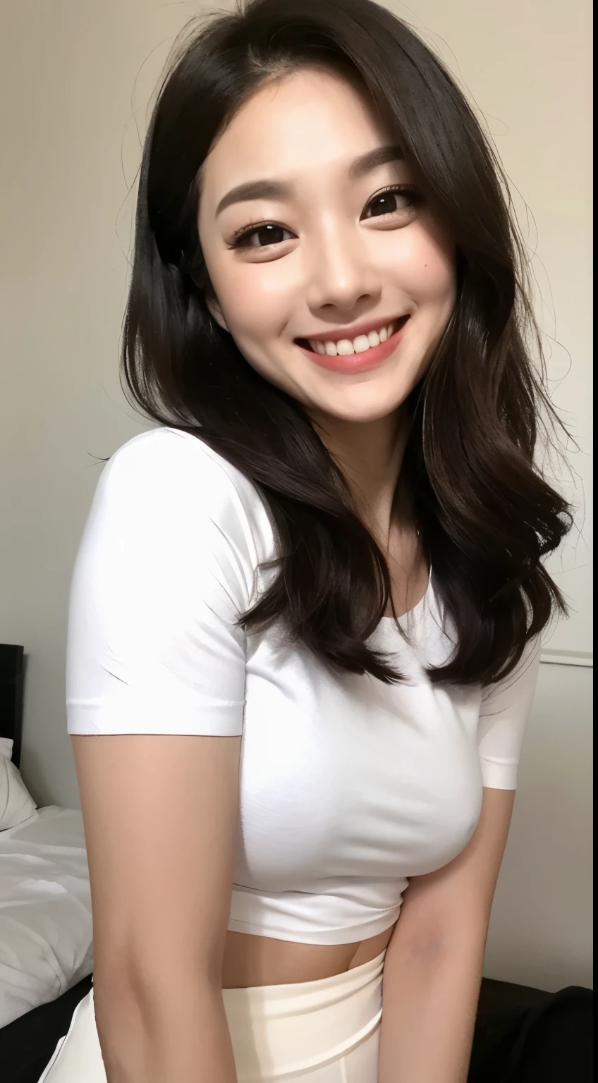 White tight shirt、White tight skinny mini skirt、bed、smile、Short sleeve、high resolution、Korean idol face、double eyelid、White teeth、Medium Hair