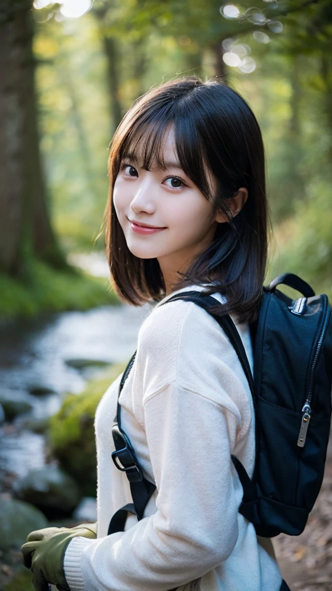 Medium Length Hair, Japanese, Lovely, best quality,masterpiece:1.3, high resolution, Skin looks healthy、The color is also uniform.., flashlight, Written border depth, Chromatic Aberration, Wide lighting range, natureな陰shadow, , sweater, Show Viewer:1.2, Very detailed,Caustic lines, night, Practical:1.4,RAW撮shadow, actor, moon, have, shadow, Backpack, 1 girl, cigarette, Smile, Random Pause, high resolution 16k 人間の皮膚のクローズアップ, Textureはnatureです, outdoor, Upper body selfie, Compared, Mountain boots, Dark-haired, Gloves, rock, Analog style, wood, river, 23 years old, forest, Very detailed, Warm colors, Warm colors, nature, nature光と色を使う, Film Grain:1.3, Ultra-Practical Capture, Texture, Happy, Mountain々, Sunlight