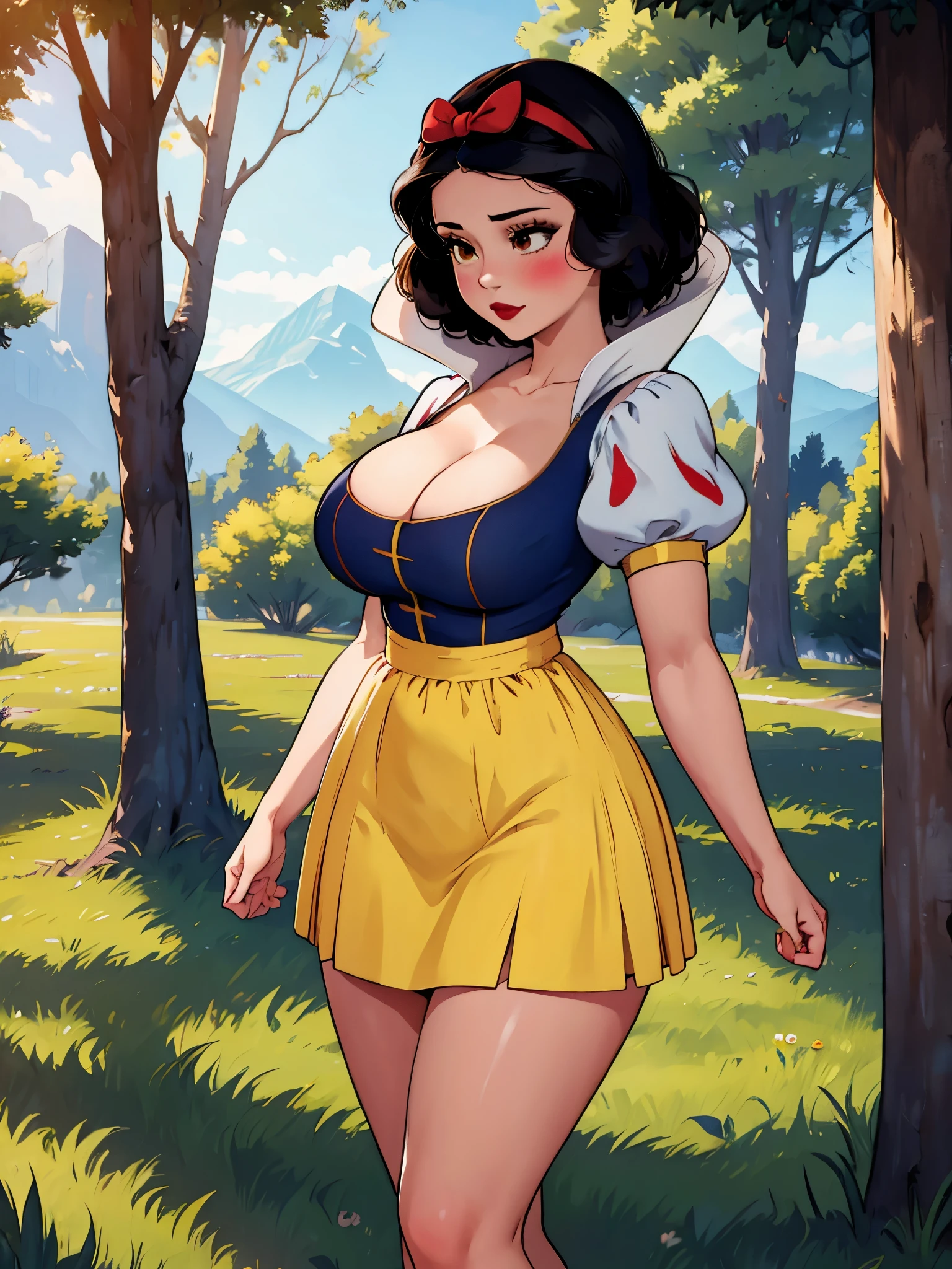 1girl, masterpiece, best_quality:0.5, highres, 4K image, (incredible_details:0.7), absurdes, ((cowboy_angle_shot:0.4)), SnowWhite, short hair, black hair, smooth hair, hair bow, hairband, brown eyes, lipstick, red lipstick, blush, beautiful face, busty, colossal cleavage, blue bodice, short sleeves, puffy sleeves, perfect body, shining skin, ((yellow miniskirt)), perfect legs, morning time, open field background, trees, soft lights, soft shadows