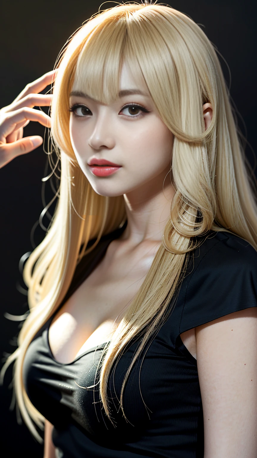 ((((blonde、Super long hair、とてもLong Hair、Fluffy Wave、Black background、blonde、Bunny girl、Look forward、Nordic)))))))、blonde、Tabletop, Highest quality, Photorealistic, In detail, High resolution, 8k wallpaper, Perfect dynamic composition, Beautiful attention to detail, Long Hair, Big ample breasts、24-years-old、(Droopy Eyes 1.4)、Adult Beauty、Japanese