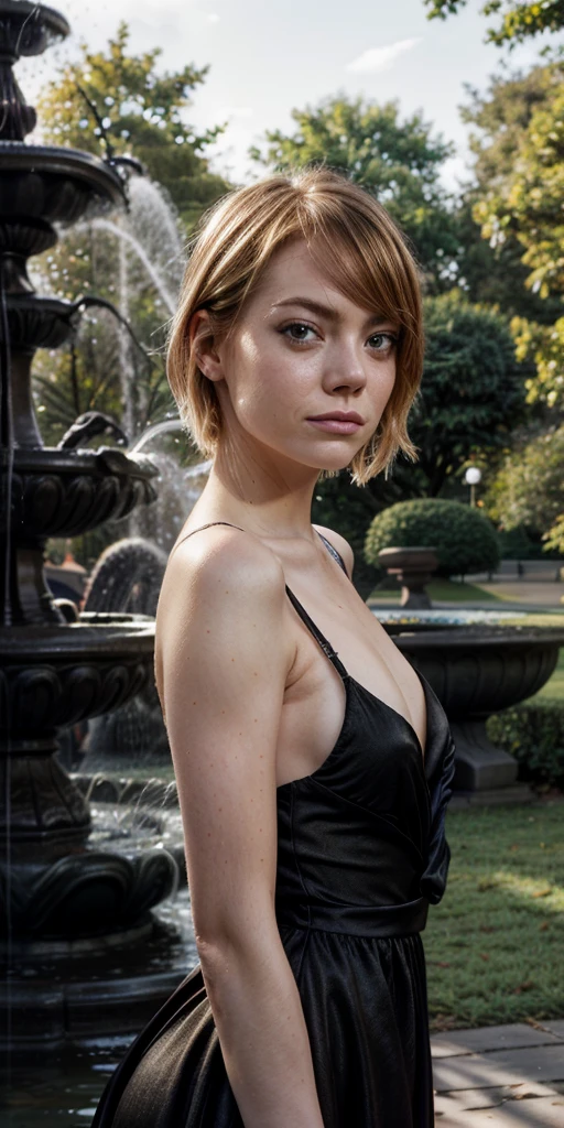 Emma Stone, neckline, blonde hair, black dress, in the park, fountain behind, focus on neckline, expressive eyes, focus on eyes, looking to the viewer