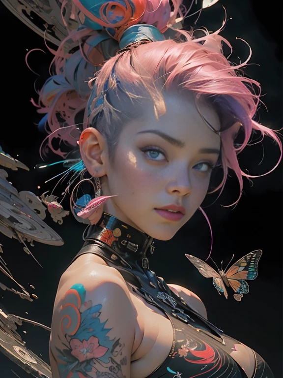(masterpiece, top quality, best quality, official art, beautiful, cosmic, atmospheric, psychedelic, dreamlike, swirling psychedelic cosmic graffiti patterns and aesthetic:1.2), (1girl, neon pink mohawk hair, beautuful highly detailed naked body, shaven vagina to viewer,tons of tattoos and piercings, perfect c-cup breast, showing), extreme detailed,(fractal art:1.3),colorful,highest detailed, cherry blossoms and butterflies blowing in the wind