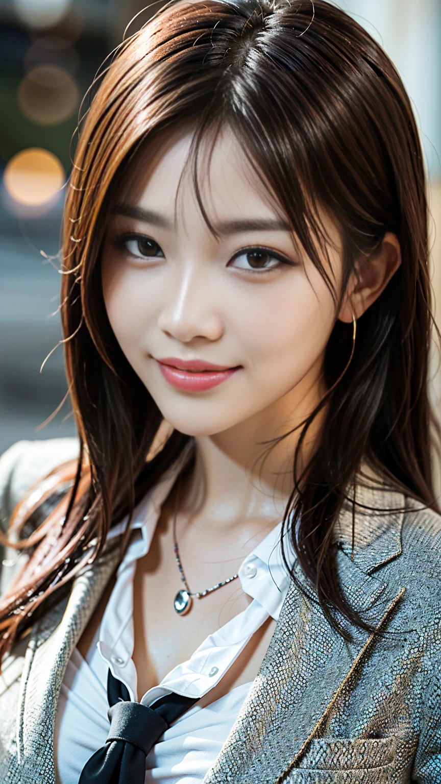 Tabletop, Highest quality, Realistic, Very detailed, finely, High resolution, 8k wallpaper, One beautiful woman,, Light brown messy hair, Wearing a business suit, Sharp focus, Perfect dynamic composition, Beautiful and detailed, Thin Hair, Detailed Realistic skin texture, smile, Close-up portrait, Model Body Type、Big Breasts