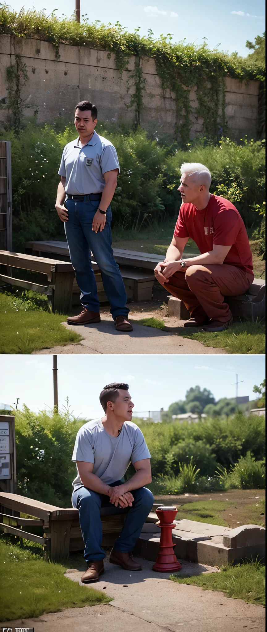 Prompt Title: The Unforgettable Journey of Shawshank Redemption Scene 3: Friendship with Red
Setting: The prison yard, a common gathering place for inmates.
Background: The yard is expansive with worn-down grass and concrete pathways. Inmates engage in various activities, such as playing catch, exercising, and chatting.
Characters: Andy and Red sit on a bench, deep in conversation. Red holds a chess piece, and Andy listens intently. Other inmates are seen in the background, involved in their own