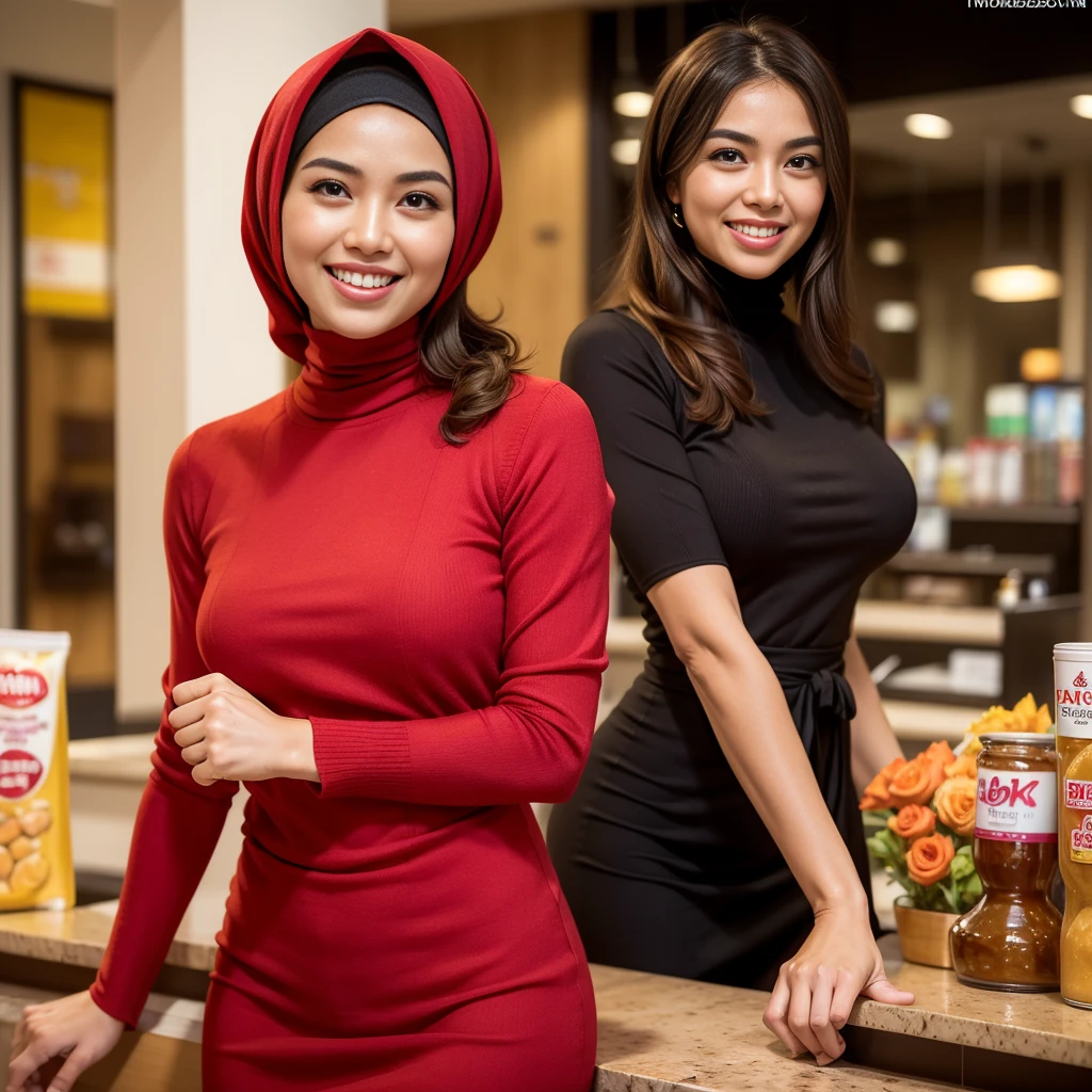 ((highest quality, 8k, masterpiece:1.3)), Lower body, sharp focus:1.2, Beautiful hijab woman with perfect figure:1.4, slender abs:1.1, The background is a convenience store counter, ((shortcut, big breasts:1.2)), (wearing a fluffy red sweater dress, big breasts, slim and toned waist, Soft big buttocks, laughing:1.2), Highly detailed face and skin texture, detailed eyes, double eyelid, 25 year old woman, mature woman, laughing