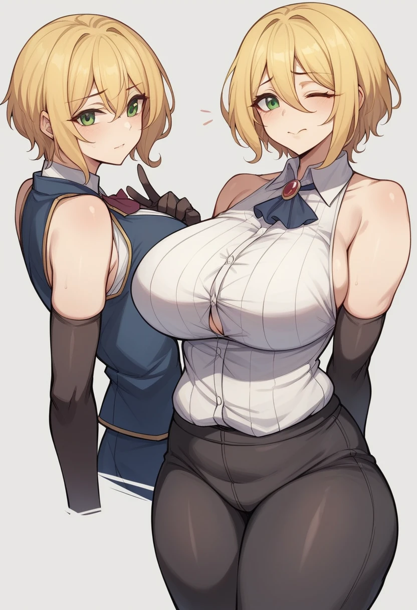 （One girl）、(short hair)、(sidelock)、((Blonde))、Princess Connect、((boyish))、huge breasts、((plump))、(beautiful girl)、[Big thighs]、Green Eyes、(Healer)、Black Vest、black leggings、White sleeveless、[hairs between eyes]、(long gloves)、closed mouth、wink、arm behind back