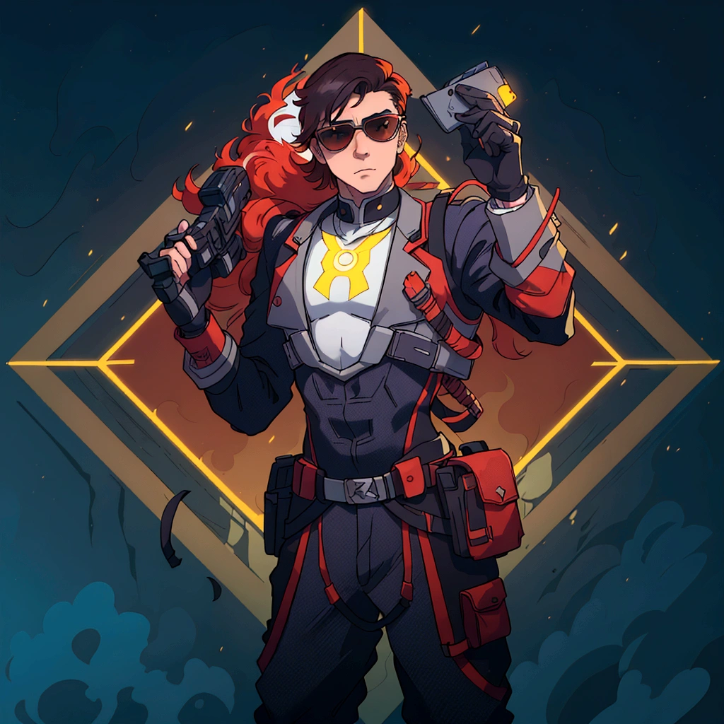 At the center of a vibrant piece of digital art, a male character stands confidently with his hands on his hips. He is adorned in an elegant gray and red suit equipped with a helmet and glasses and on his chest bears the letter M, suggesting that he might be prepared for an adventure or battle. His outfit is completed with a pair of sunglasses, adding to his cool demeanor. In his right hand he holds a gun, ready for action. The background contrasts strikingly with its blue and yellow geometric shapes, enhancing the overall futuristic theme of the image.