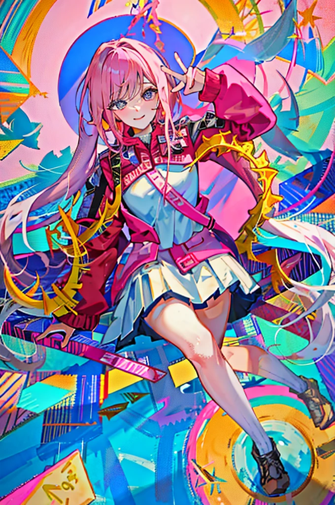 best quality ,masterpiece,
ultra detailed ,intricate details ,an extremely detailed and delicate:1.1,
illustration:1.1,extremely fine and beautiful ,beautiful and clear background:1.25, BREAK
beautiful hair, beautiful eyes, smile ,peace sign,
long hair,pink hair,
blue eyes, Sparkling eyes ,
BREAK
,
white blouse ,ribbon tie ,Pleated skirt ,Knee-high socks, BREAK school, BREAK