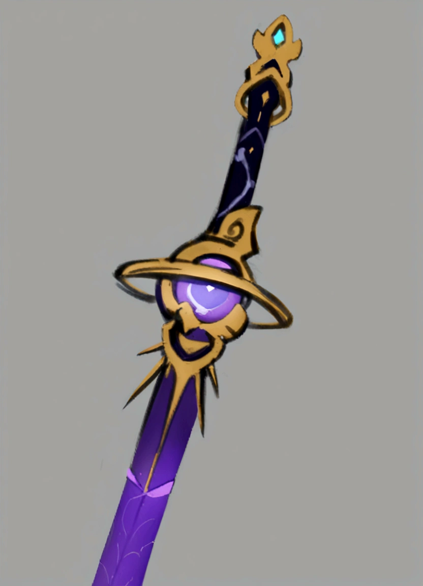 There is a purple sword，There is a purple hat on it, Magic Sword, Sword Design, Glowing sword, Fantasy Sword, Shining Sword, Fantasy weapons, Beautiful sword, sci-fi sword, Color handle, shinning sword, Concept Art Magic Highlights, Weapon Design, Magic Sword, Hearthstone Weapon Art, Weapon concept art, Golden Sword, Glowing sword in hand