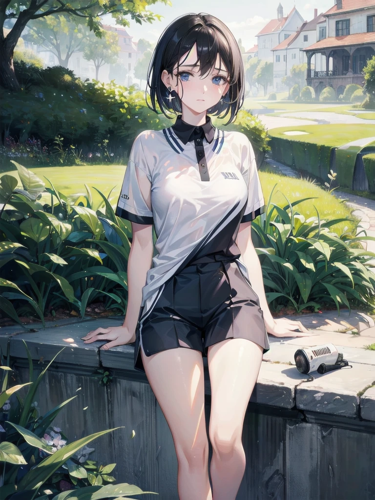 absurdres, RAW photo, extremely delicate and beautiful, masterpiece, Best Quality, ultra high resolution, 32k, hyperrealistic, ultra-detailed, in her 20s, delicate facial features, tearful mole, earring, medium breasts, full body shot, shorter middle hair, black hair, golf uniform, shirt, shorts,