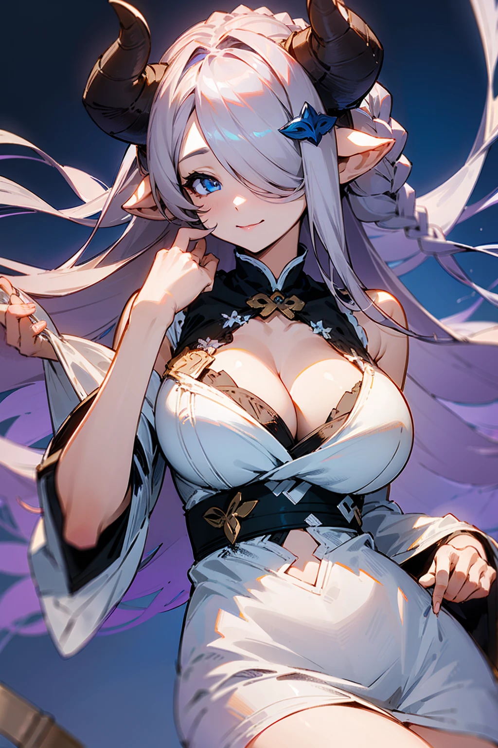 (((1 woman))), ((detailed blue eyes)), ((long silver hair)), large breasts, perfectly drawn body, narmaya, seductive smile, white nightgown, best quality, masterpiece, ultra-detailed