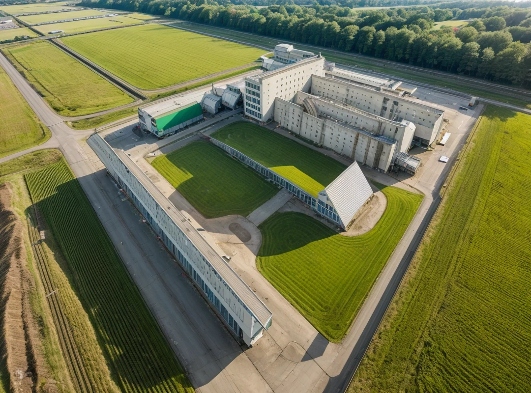 aerial view, master view, grass, day, line, curve, highquality, realistic photo, canon eos 5D mark, [[[architech1904]]], natural light, (realistic: 1.2), sharpen edge, morden building, factory, concrete wall.