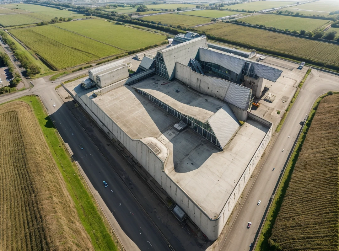 aerial view, master view, grass, day, line, curve, highquality, realistic photo, canon eos 5D mark, [[[architech1904]]], natural light, (realistic: 1.2), sharpen edge, morden building, factory, concrete wall.