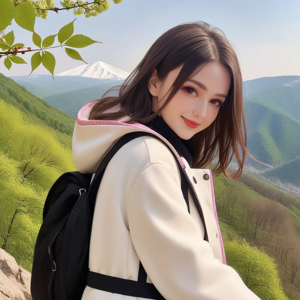 a photo of Dasha Taran, ohwx woman, wearing a palka jacket, on a mountain at cherry bloosom, dramatic cherry blosom leaves blow,  smile, best quality, detailed skin, cinematic 