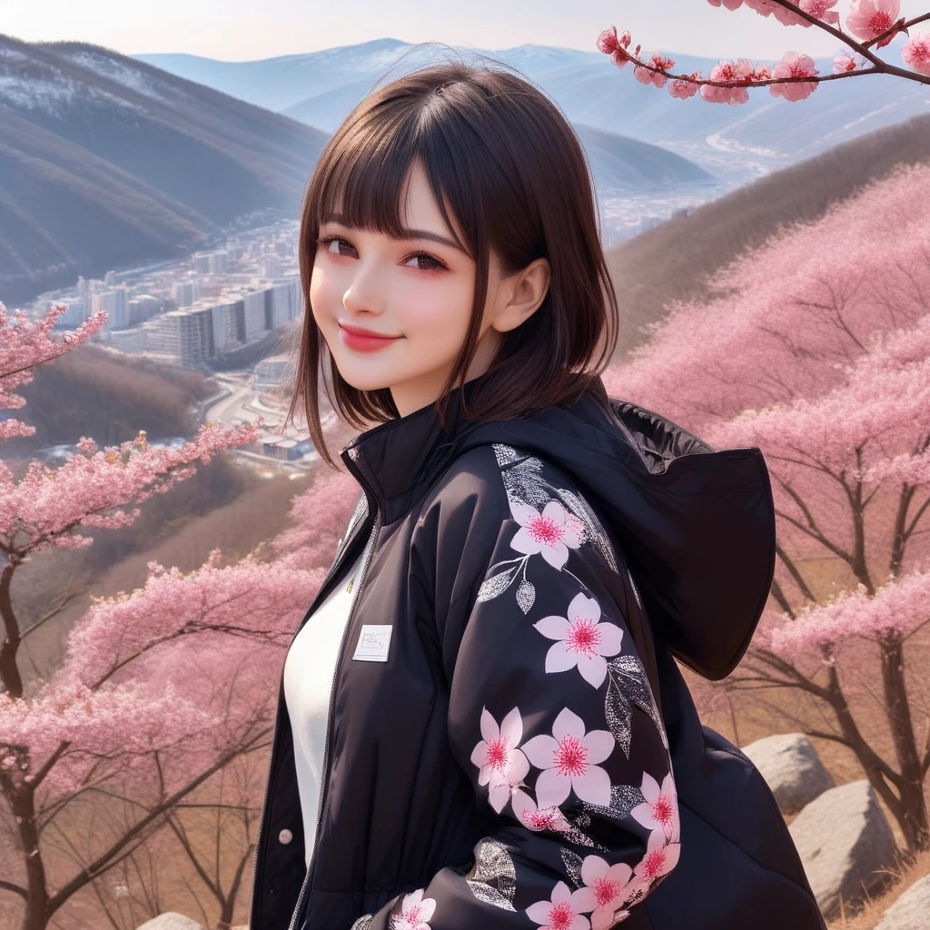 a photo of Dasha Taran, ohwx woman, wearing a palka jacket, on a mountain at cherry bloosom, dramatic cherry blosom leaves blow,  smile, best quality, detailed skin, cinematic 