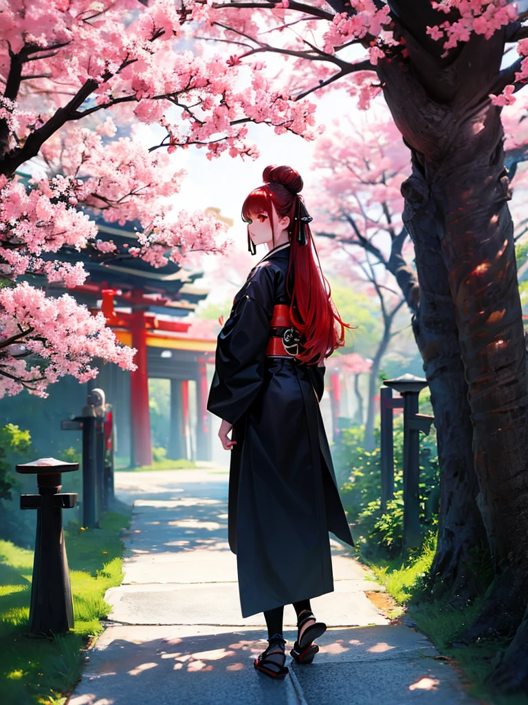 ((masterpiece,best quality)),2girls, black kimono, black legwear, black ribbon, black hair, cherry blossoms, day, flower, hair bun, hair ribbon, japanese clothes, kimono, long hair, looking at viewer, looking back , multiple girls, belts, outdoors, red eyes, red hair, ribbon, sandals, single bun, stairs, standing, statue, torii, tree, white kimono, yellow eyes