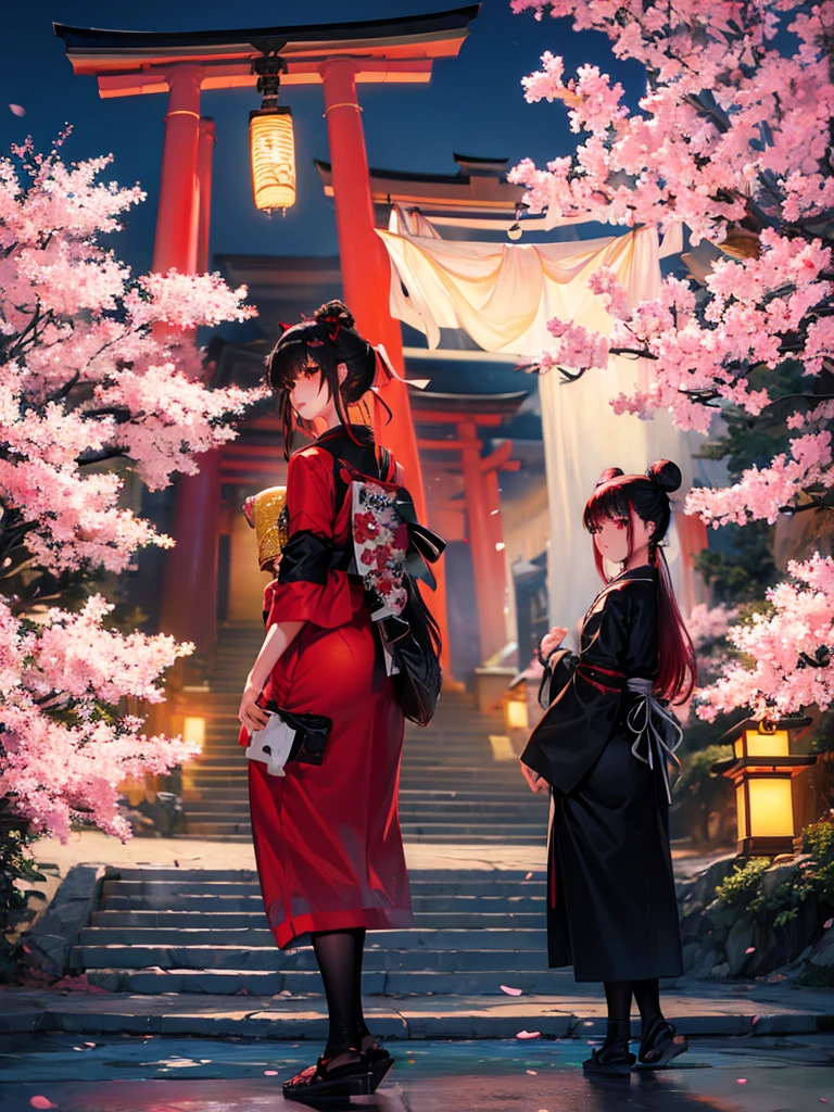 ((masterpiece,best quality)),2girls, black kimono, black legwear, black ribbon, black hair, cherry blossoms, day, flower, hair bun, hair ribbon, japanese clothes, kimono, long hair, looking at viewer, looking back , multiple girls, belts, outdoors, red eyes, red hair, ribbon, sandals, single bun, stairs, standing, statue, torii, tree, white kimono, yellow eyes