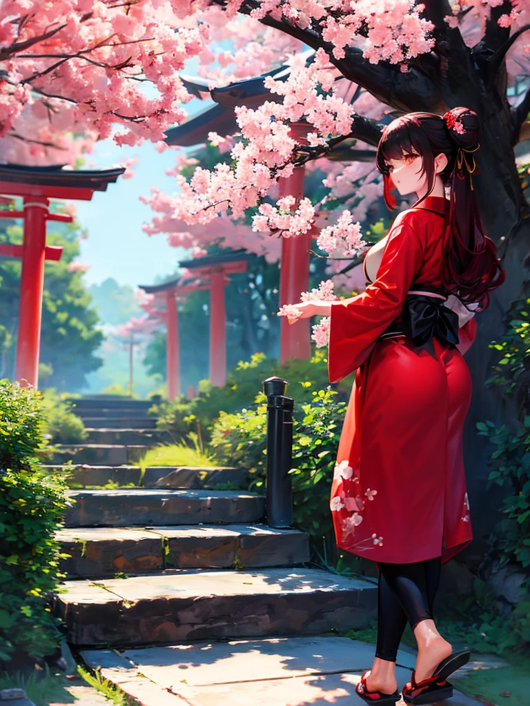 ((masterpiece,best quality)),2girls, black kimono, black legwear, black ribbon, black hair, cherry blossoms, day, flower, hair bun, hair ribbon, japanese clothes, kimono, long hair, looking at viewer, looking back , multiple girls, belts, outdoors, red eyes, red hair, ribbon, sandals, single bun, stairs, standing, statue, torii, tree, white kimono, yellow eyes