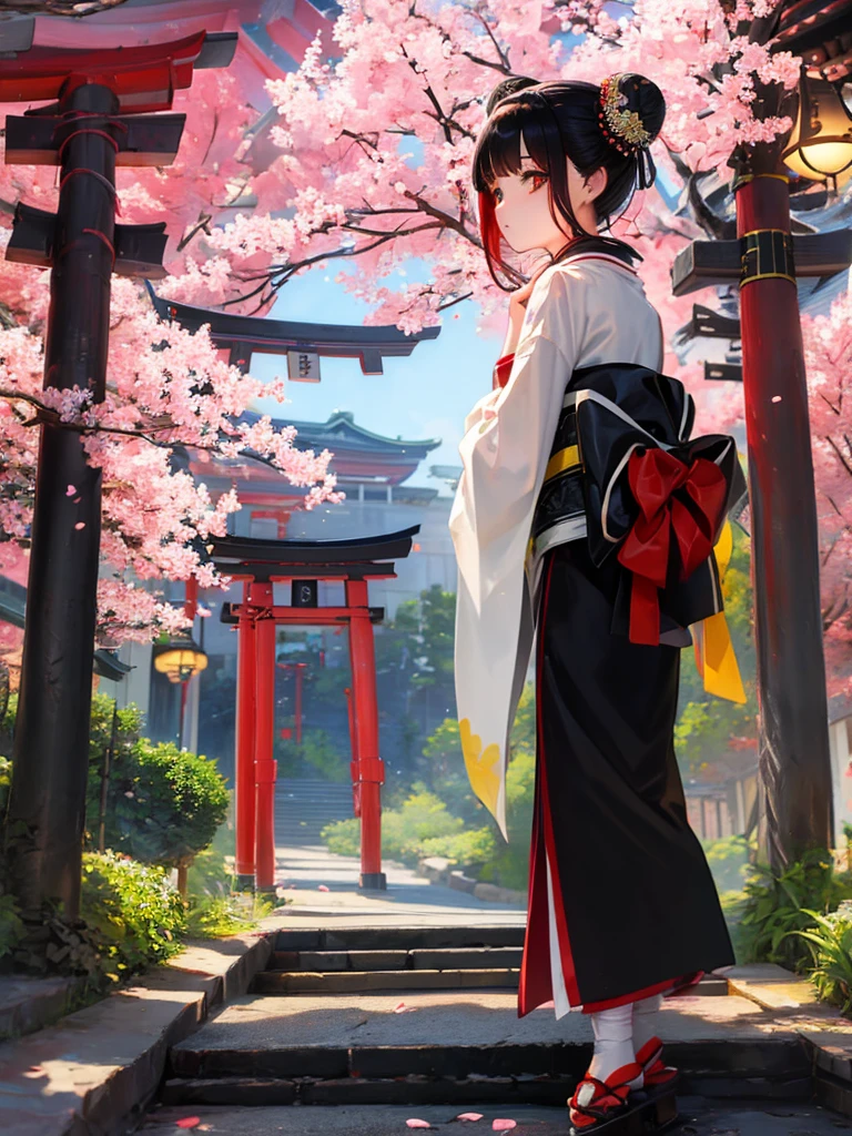 ((masterpiece,best quality)),2girls, black kimono, black legwear, black ribbon, black hair, cherry blossoms, day, flower, hair bun, hair ribbon, japanese clothes, kimono, long hair, looking at viewer, looking back , multiple girls, belts, outdoors, red eyes, red hair, ribbon, sandals, single bun, stairs, standing, statue, torii, tree, white kimono, yellow eyes