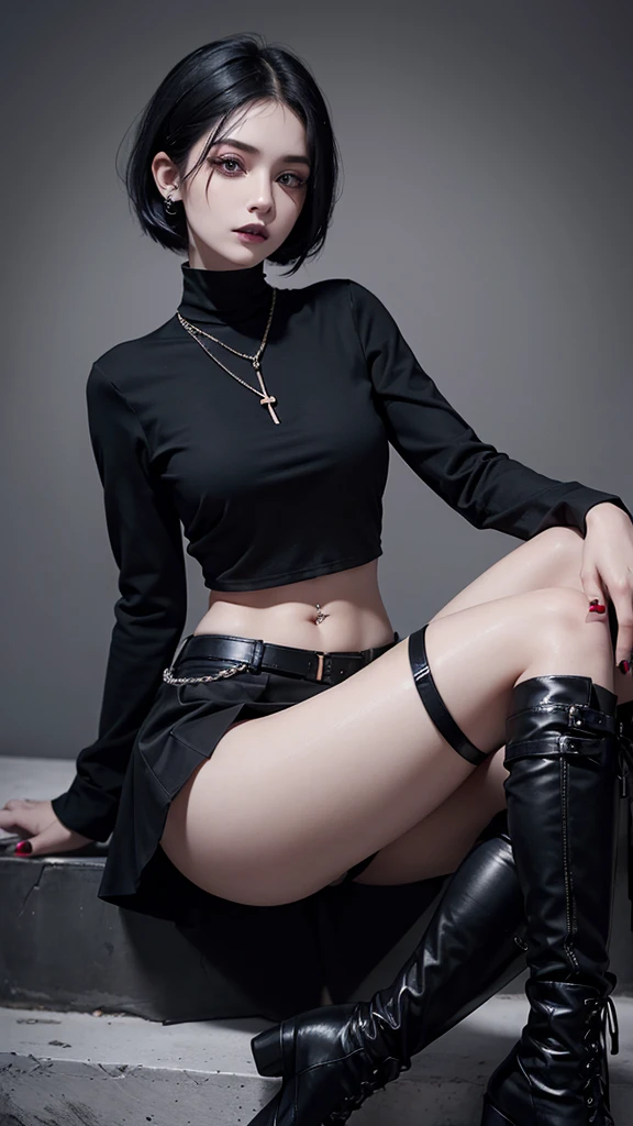 short black hair with a strand of hair covering his right eye a little, piercing in her lip and piercing on the left side of her nose, black lipstick and eyeliner, slightly pale skin, black painted nails, short black long sleeve blouse, Bare torso with navel piercing, skirt with black chains above the middle of her legs, black knee high stockings, high black brooch boots
(High quantity, perfect anatomy, extra detailed, whole body, in a McDonald&#39;s)