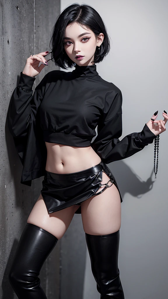 short black hair with a strand of hair covering his right eye a little, piercing in her lip and piercing on the left side of her nose, black lipstick and eyeliner, slightly pale skin, black painted nails, short black long sleeve blouse, Bare torso with navel piercing, skirt with black chains above the middle of her legs, black knee high stockings, high black brooch boots
(High quantity, perfect anatomy, extra detailed, whole body, in a McDonald's)
