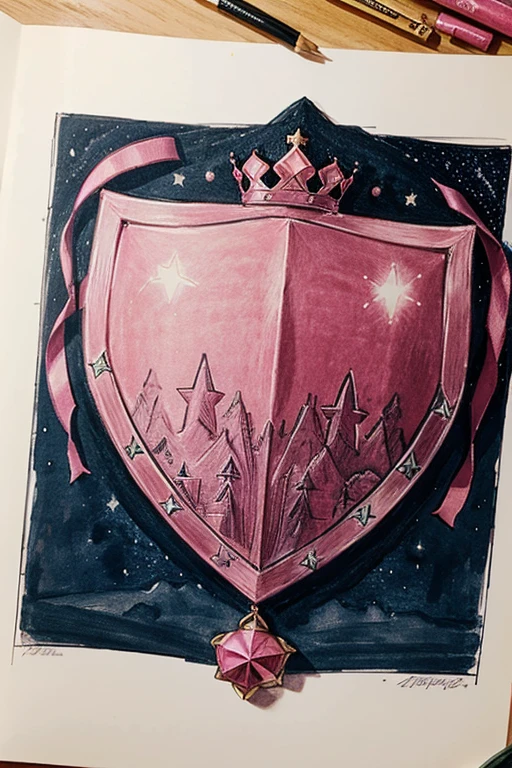 Pink shield with stars inside, crown and mountain drawing inside