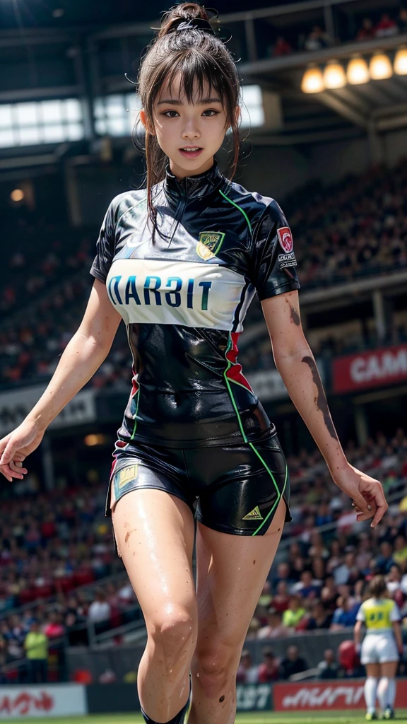 Highest quality, High resolution:1.2, Very detailed, Realistic:1.3, ((Beautiful woman))、((Super tight uniform))、((Super big breasts))、(The abdomen is visible)、Vibrant colors, play soccer,((Blunt bangs))、Various Hair Styles、Different hair colors、With bangs、Wet Hair, concentrate, splash, Action Shots, Grass blotches, Muddy ground, Wet turf, decide, Fast-paced games, Athletic physique, Shiny soccer ball, Wet Uniform, raindrop, Blurred motion, ボールにconcentrateする, Intense competition, Skillful dribbling, Energetic play, Teamwork, powerful shoots, Wet pitch, Passionate sports, Fierce decide, Humid atmosphere, Fluid movement, emotional expression、Dramatic lighting, Women's Sports, Avid athletes, Exciting Games, Endure, Excited state, Speed and agility, Energetic play, 濡れたsplash、smile、Red Uniform