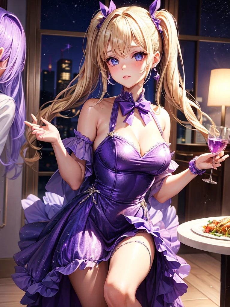 an adult woman, blonde with two pigtails with a purple bow each, purple dress with sparkles and diamonds, short and gala, with an opening in its pirrna, she has blue eyes, is at a late night dinner in a wealthy place