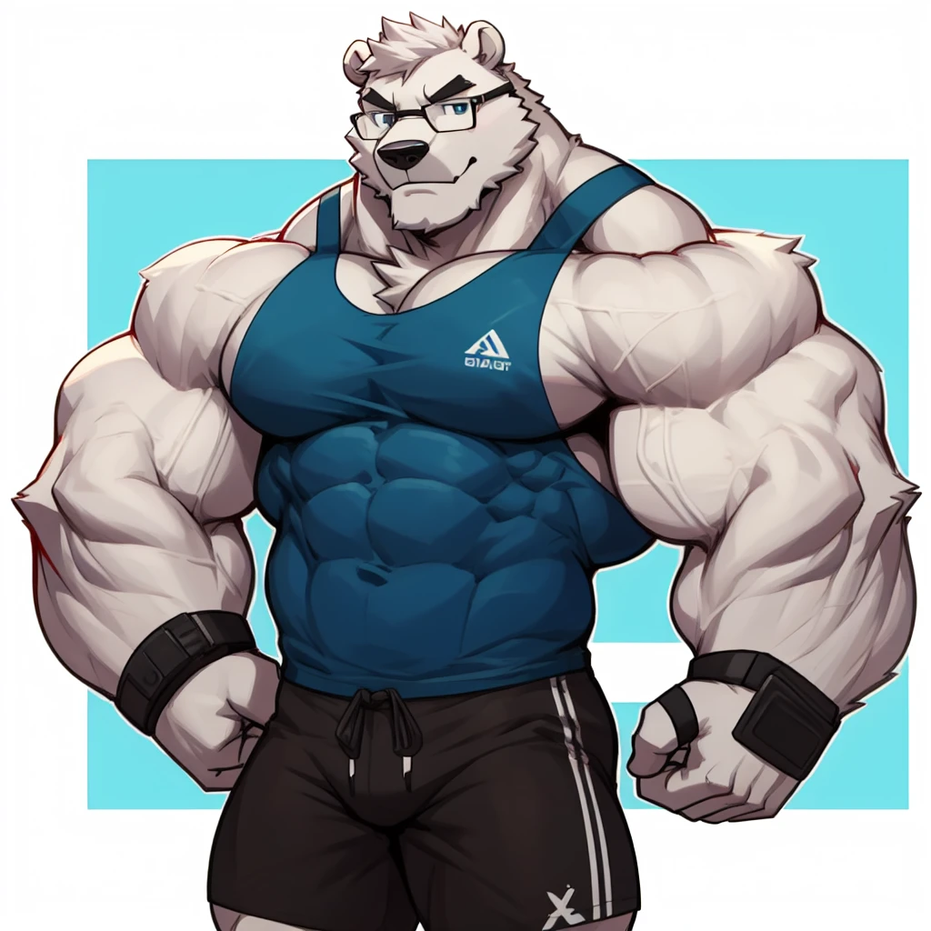 solo, 1boy, Huge Muscular White Polar Bear wearing glasses, huge white fur, pectoral, huge pectoral, wide pectoral, short white hair, blue colored short pants, blue colored wristbands and shirtless and topless, white bearded, white Mustache, white fur, simple background, masterpiece, high detailed, 8k, high resolution, at the gym, flexes huge muscles