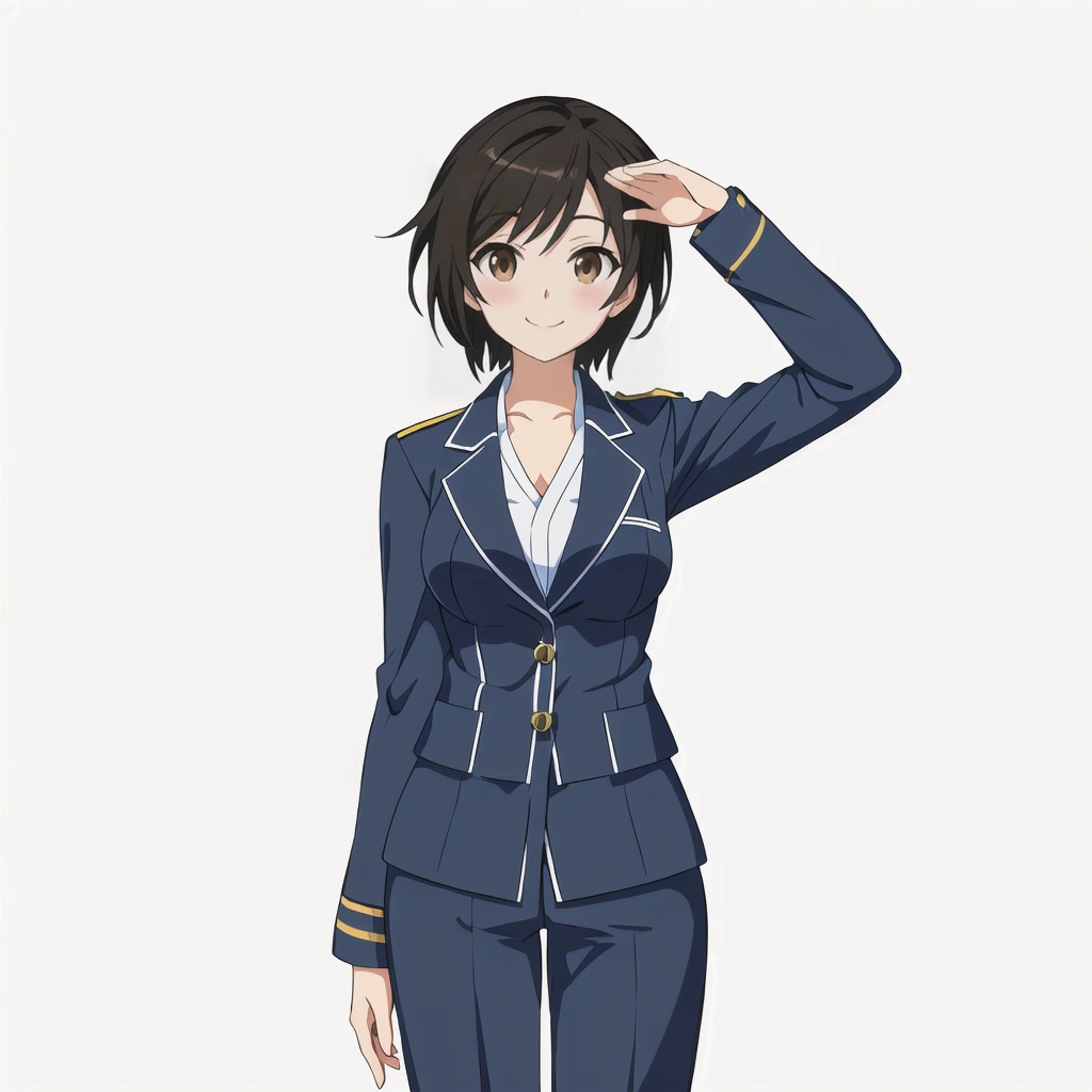 Highest quality, high resolution, High quality anime art style, Official Art, Smooth anime CG art, Stylized anime, Visual Novel Sprites, White background, whole body, Anime-style 3D, Smooth anime CG art, humanoid woman, JRPG Characters, policewoman, Policewoman, Anime woman in a Japanese policewoman uniform, Saluting with left hand, smile, Brown eyes, Black Hair, short hair, Age 25,